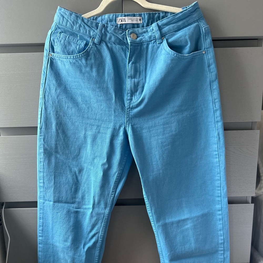 Zara teal bright blue raw hem wide leg jeans size 8